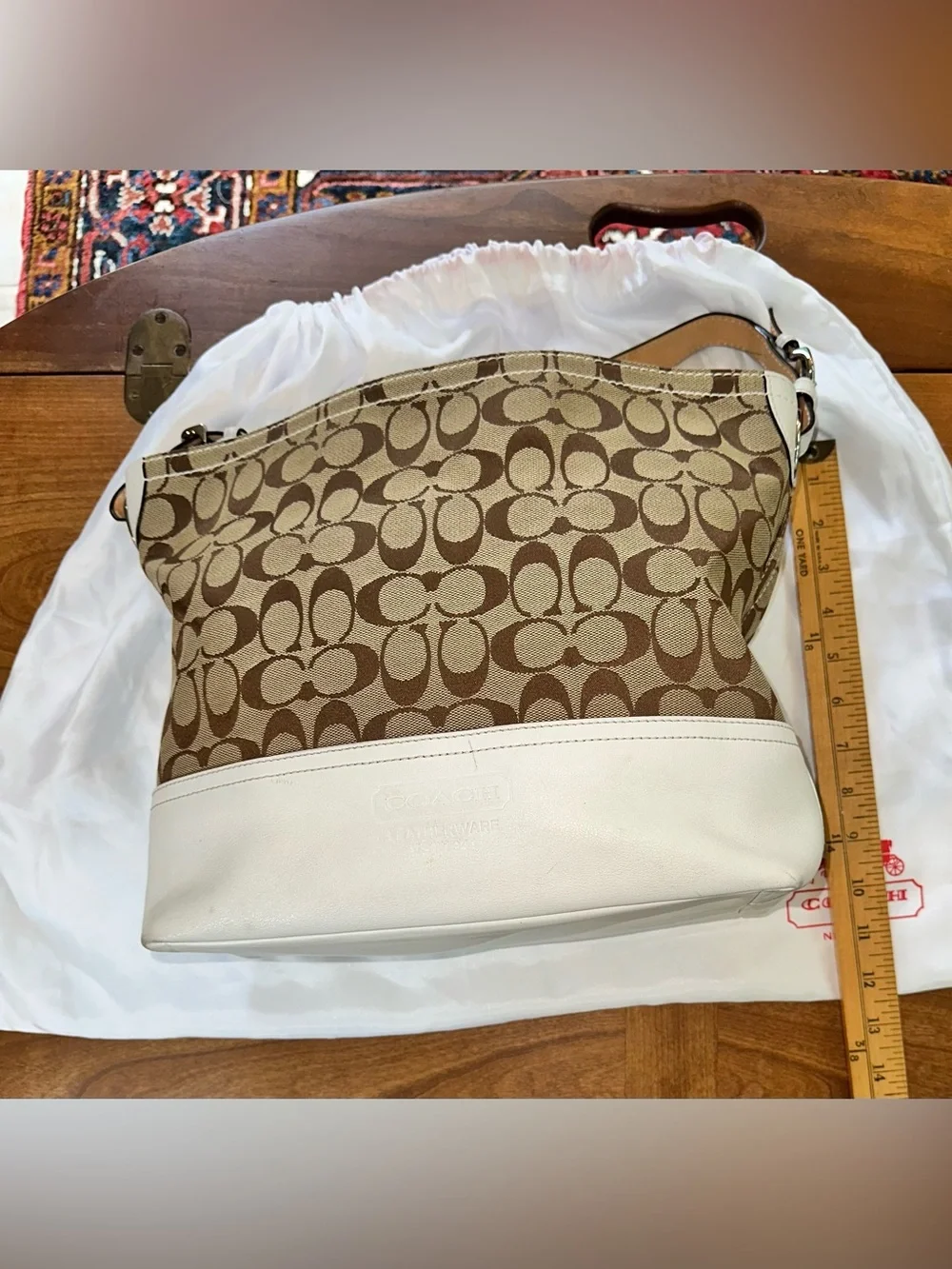 Coach Brown Khaki Signature Canvas Shoulder Bag with White Trim